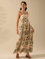 Floral Print Maxi Dress with Spaghetti Straps - M, Green image