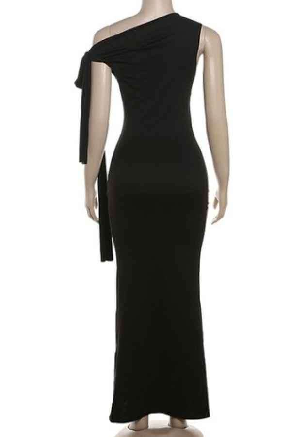 Knot Tie Asymmetric Shoulder Solid Color Maxi Dress image 6