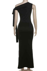 Knot Tie Asymmetric Shoulder Solid Color Maxi Dress image 6