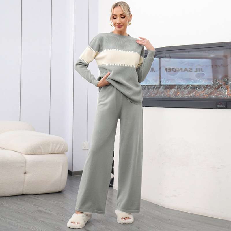 Half Turtleneck Sweater Pullover Top Long Pants  Set - Grey image