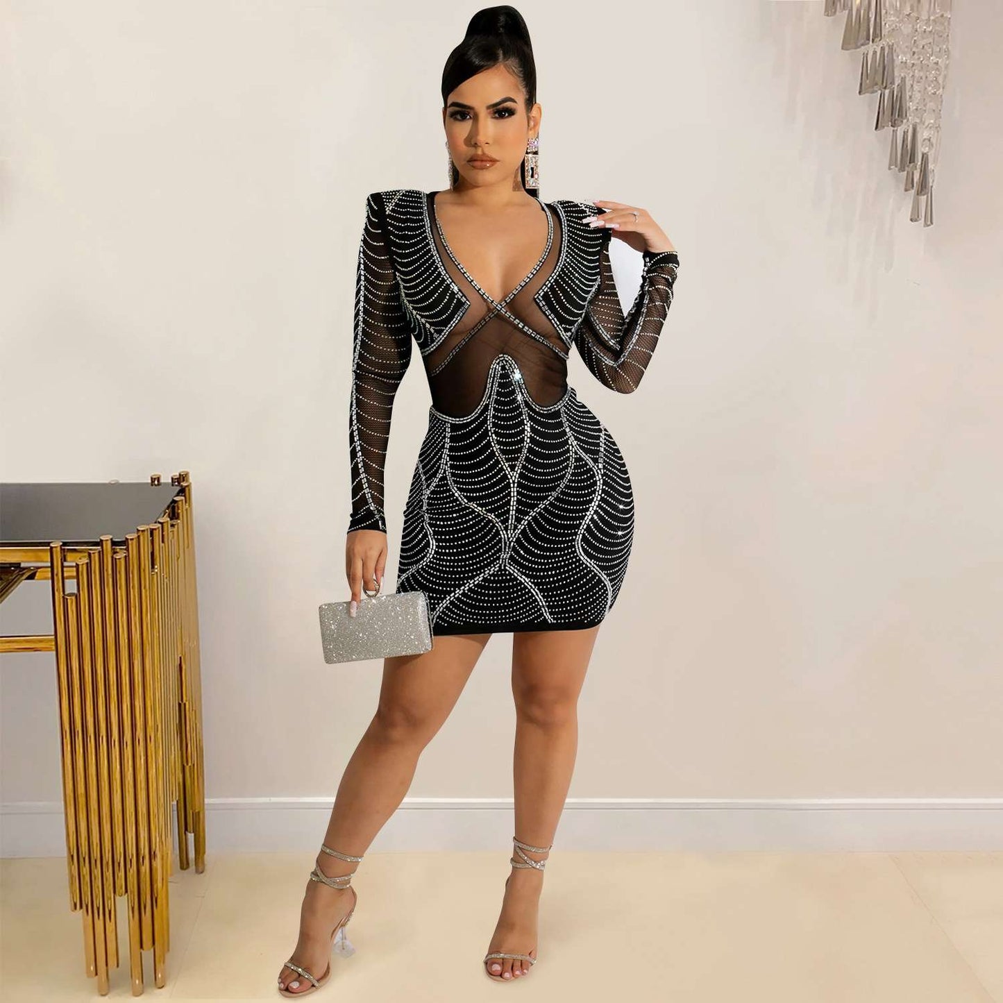 Mesh Celebrity Style Party Club Mini Dress - L, Black image