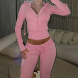 Contrast Patchwork Zipper Top Drawstring Pants Set - S, Pink image