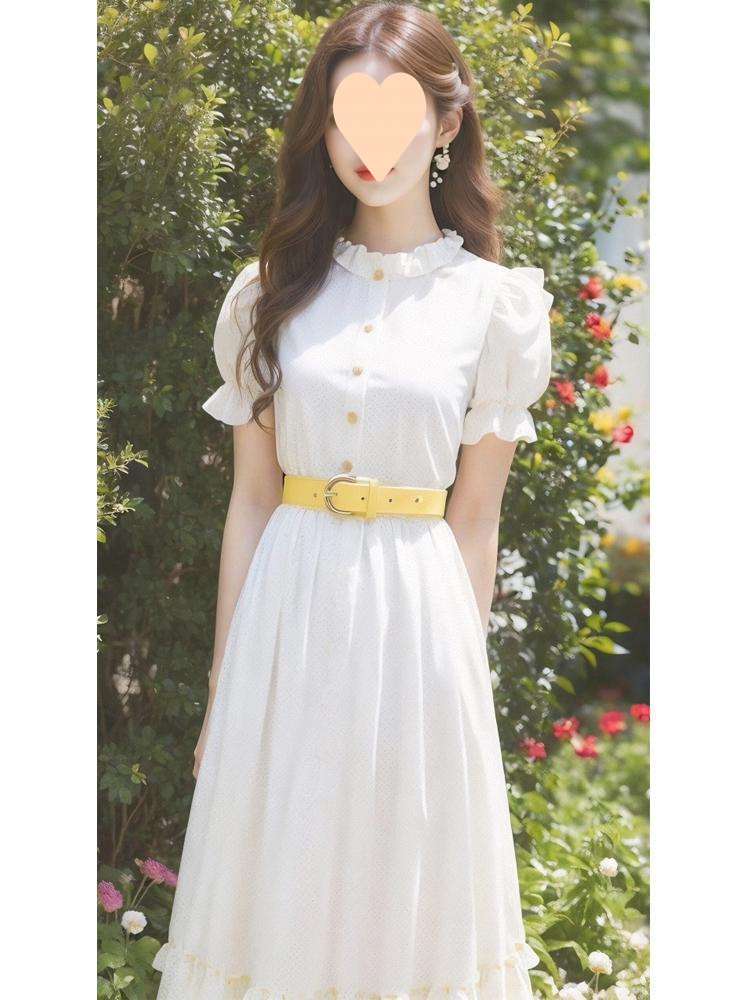 Casual Dress with Belt & Ruffled Details - L, White image