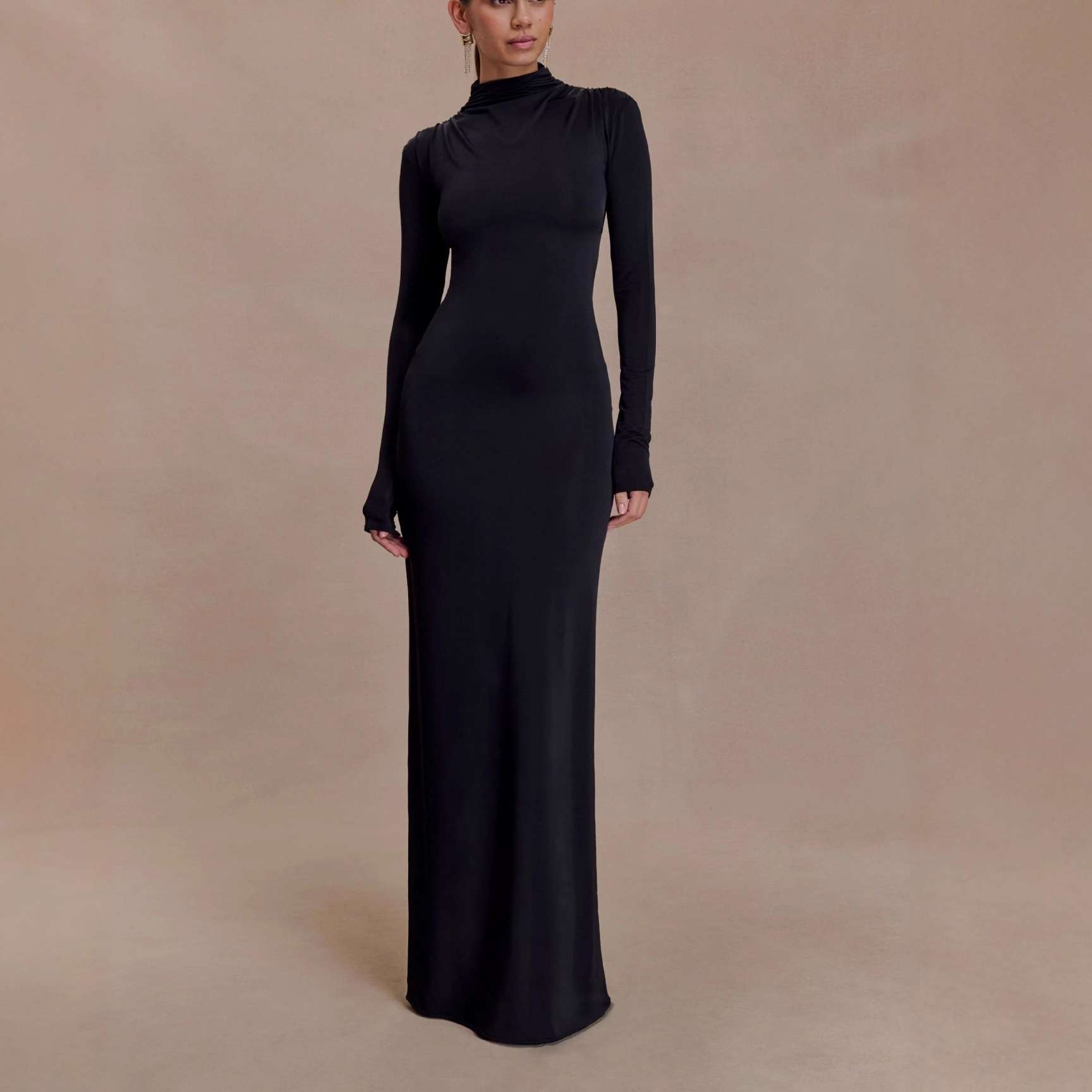 Long-Sleeve Maxi Dress with Turtleneck - L, Black image