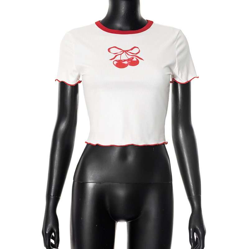 Cherry Embroidered Ringer Crop Top image 4