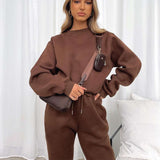 Solid Round Neck Pullover Sweatshirt and Jogger Pants - M, Molten Lava Brown image