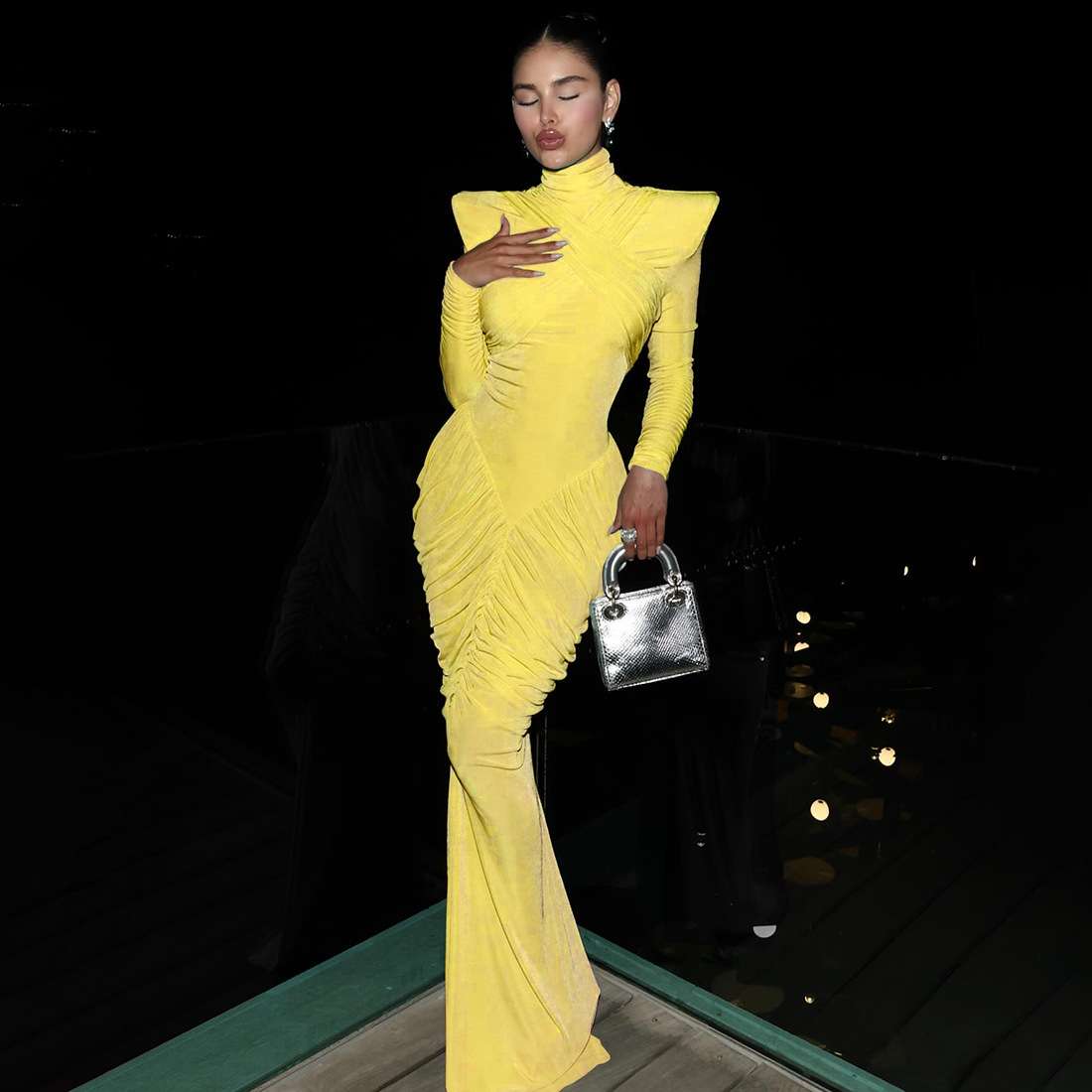 Elegant Ruched Maxi Dress - S, Yellow image