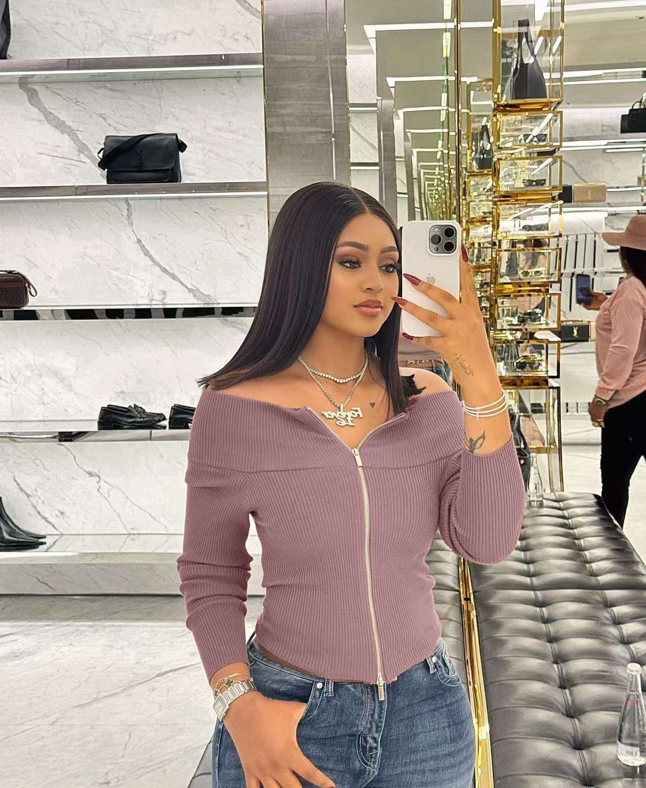 Crewneck Color Block Patchwork Casual Top - L, Old Rose Pink image