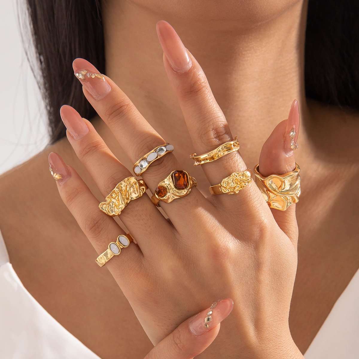 Statement Ring Set - Free Size, Gold image