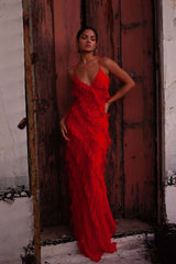 Ruffled Maxi Dress - M, Red image