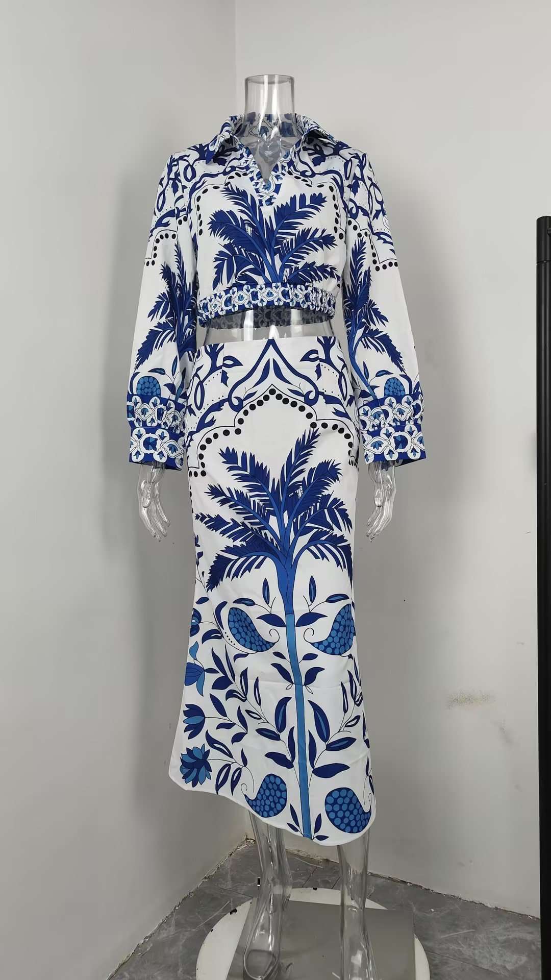 Printed Long Sleeve Blouse & Midi Skirts Set image 2