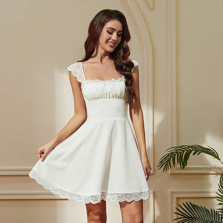 Lace-Trim A-Line Dress - S, White image