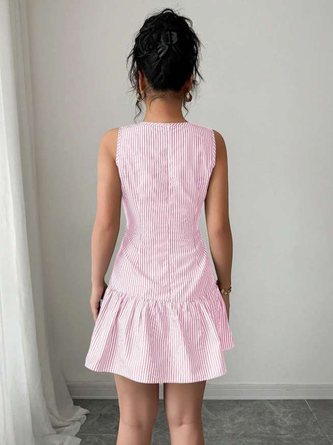 Striped Sleeveless Dress with Button Details image 2