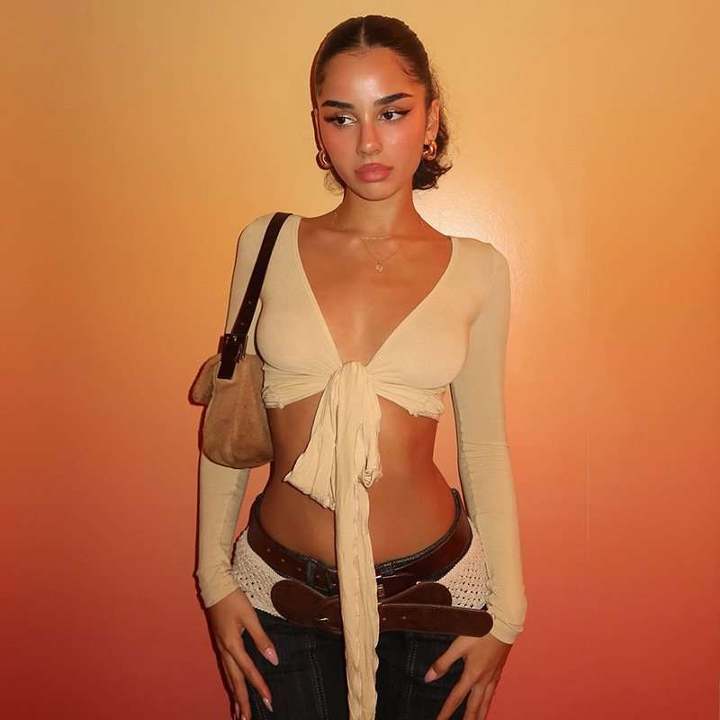 Tie-Front Long Sleeve Crop Top image 0