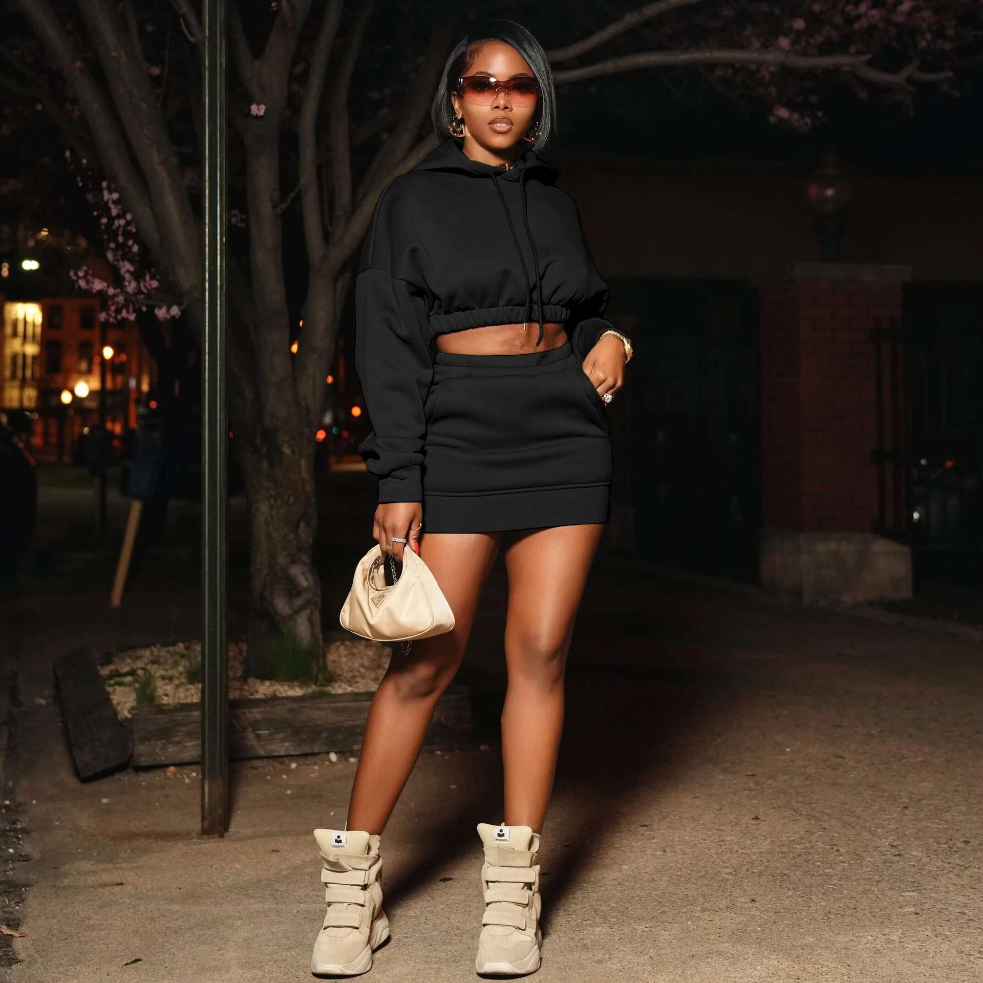 Solid Drawstring Crop Hoodie and Mini Skirt - L, Black image