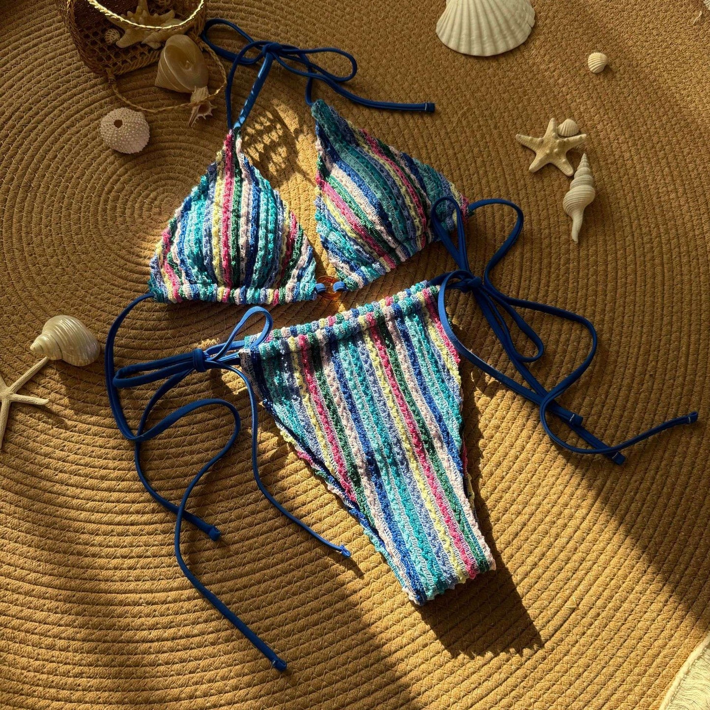 Striped Crochet Bikini Set - M, Multi Blue image
