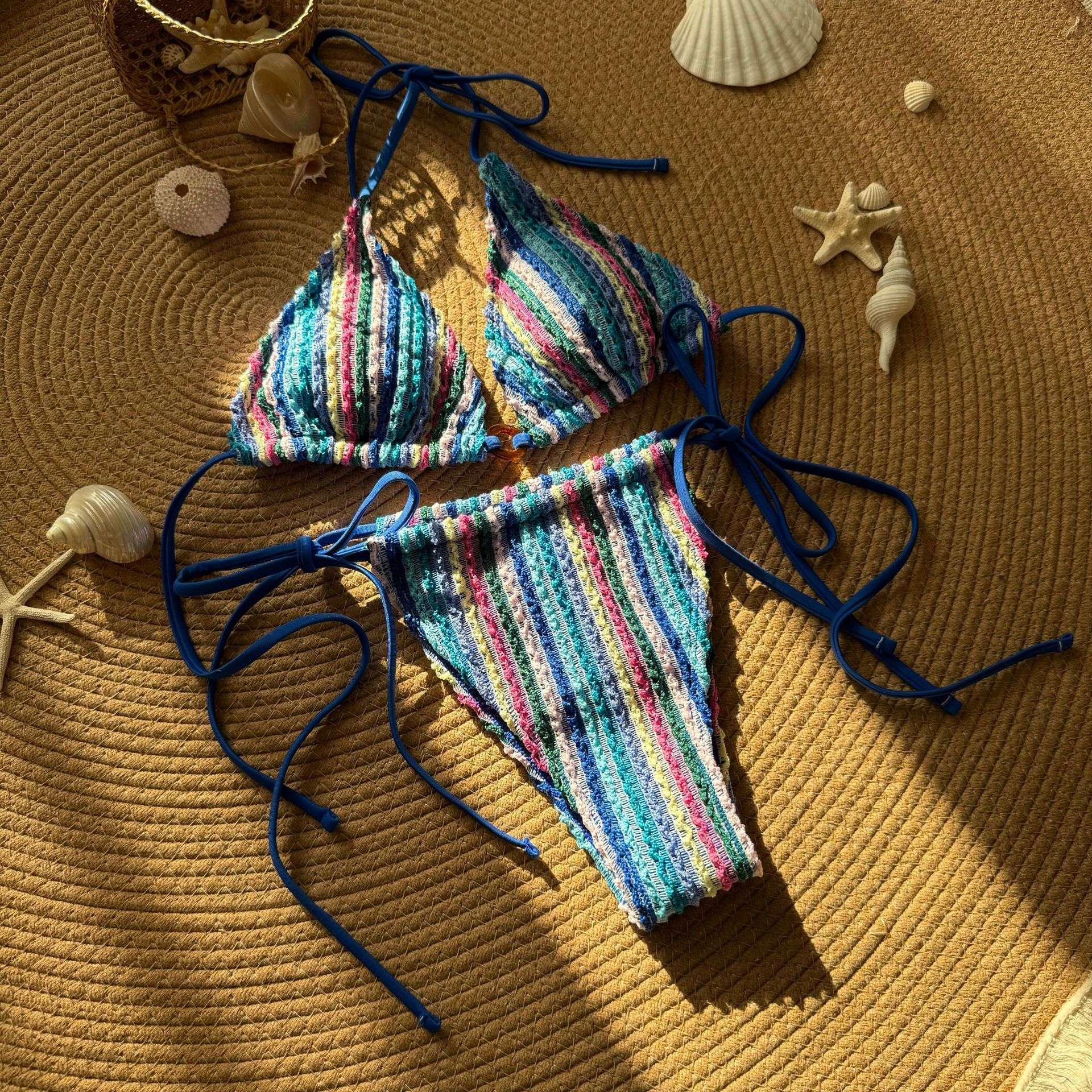 Striped Crochet Bikini Set - M, Multi Blue image
