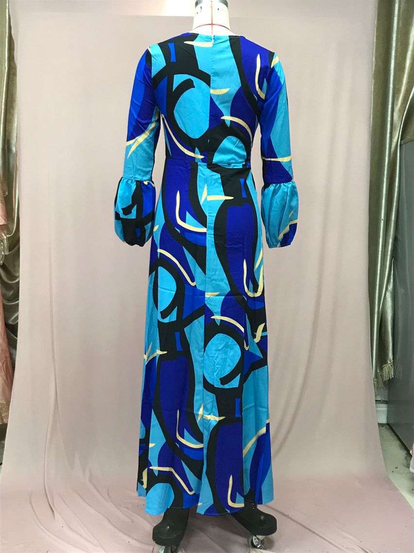 Blue Long Sleeve Abstract Patchwork Winter Fall Dress image 2