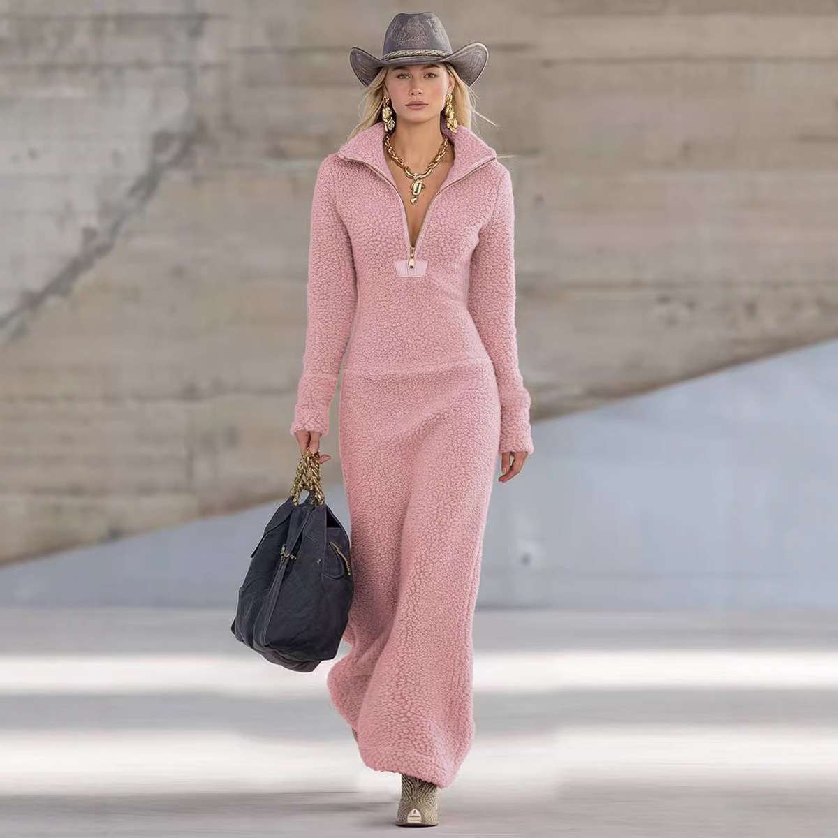 Elegant Long Dress with V Neck Front Zip - S, Pink image