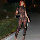 Print Mesh Bodycon  Jumpsuit - S, Black image