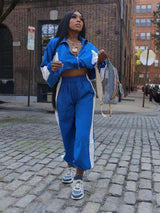 Casual Patchwork Zipper Cropped Tracksuits Set - XL, Multi Blue image