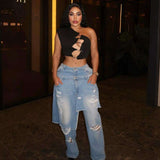 Distressed Wide-Leg High-Waisted Jeans - L, Blue image