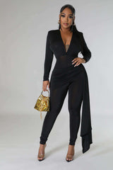 Deep V neck Jumpsuit - S, Black image