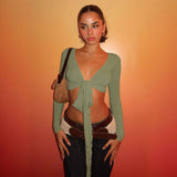 Tie-Front Long Sleeve Crop Top - M, Green image
