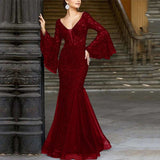 Floral Lace Flare Sleeve Party Maxi Dres - S, Red image
