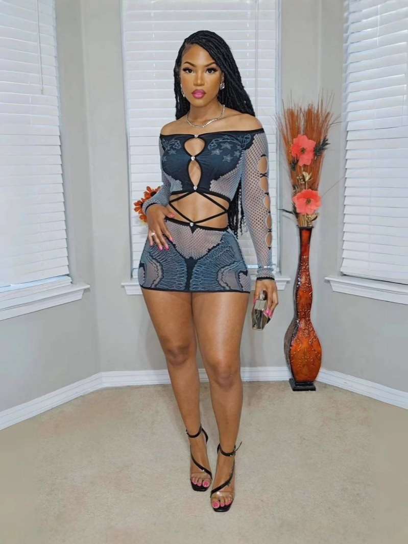 Mesh Top & Shorts Set with Cut-Out Details - Free Size, Blue image