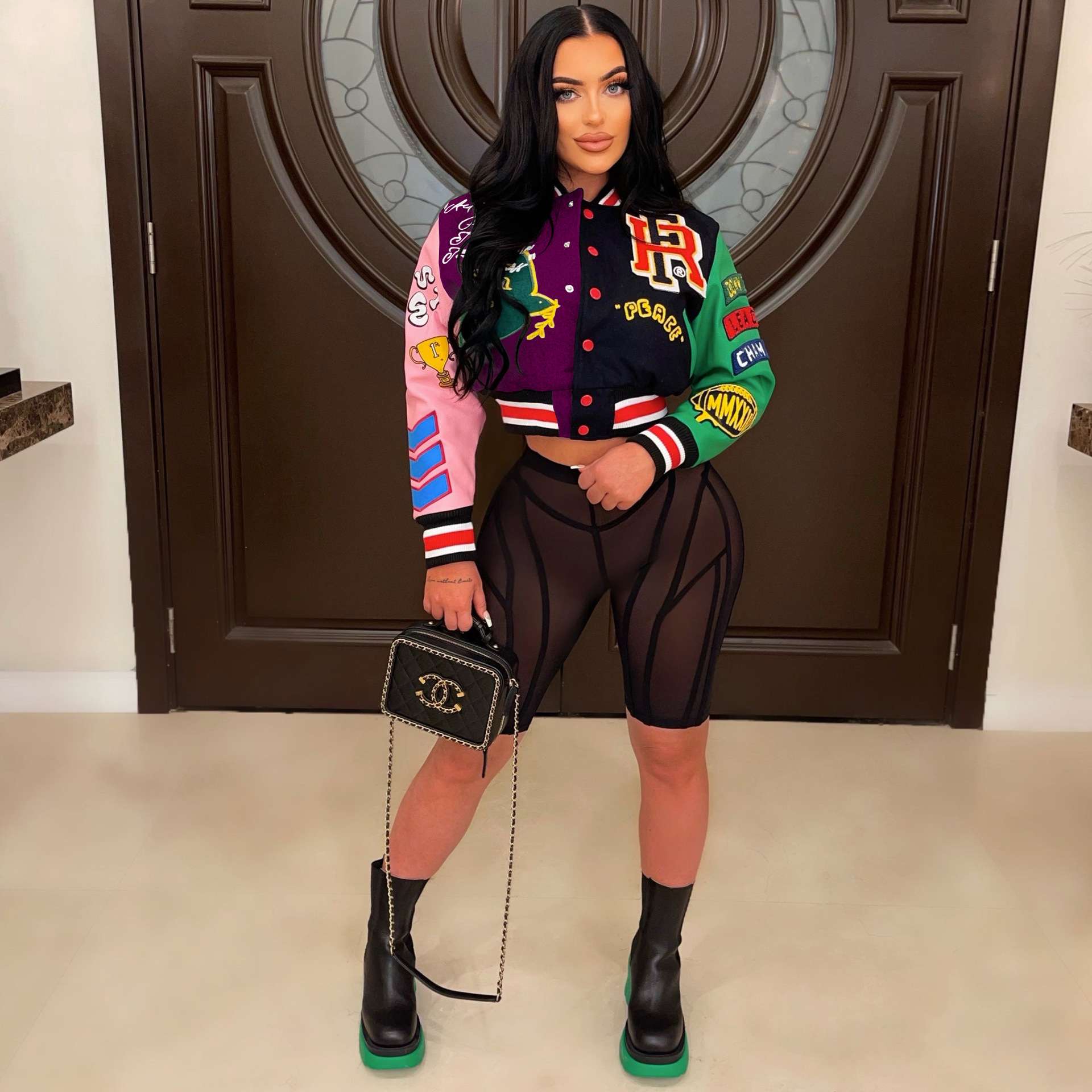 Button Up Printed Crop Bomber Jacket - M, Multi Purple image