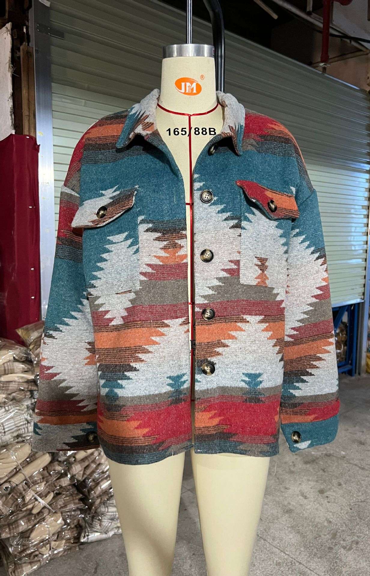 Fashion Vintage Print Long Sleeve Loose Jacket - M, Multi Red image