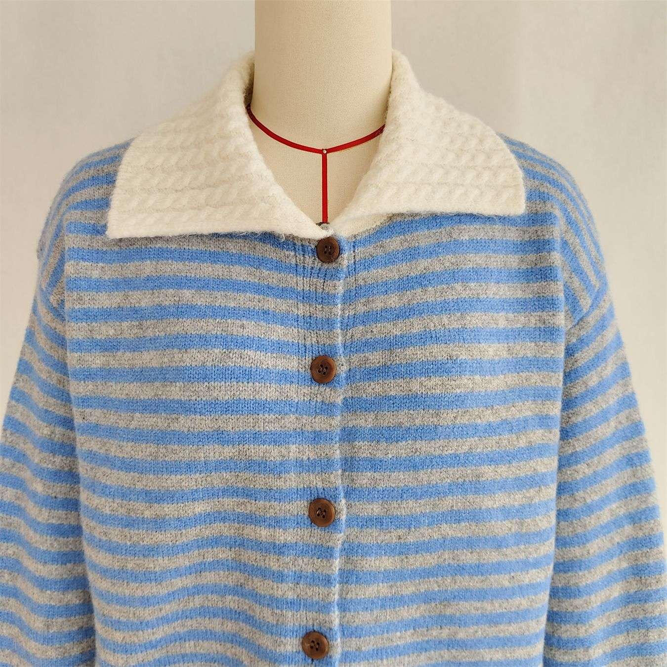 Striped Cardigan with Contrast Collar & Cuffs image 3