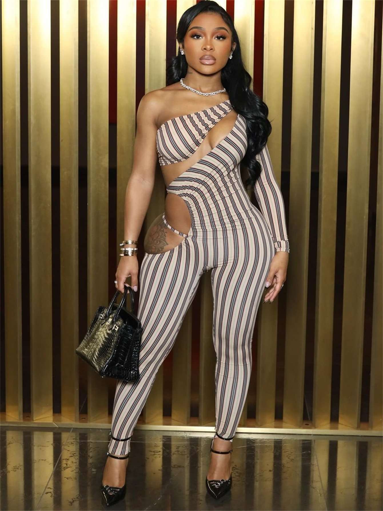 Asymmetrical Cutout Striped One-Sleeve Jumpsuit image 1