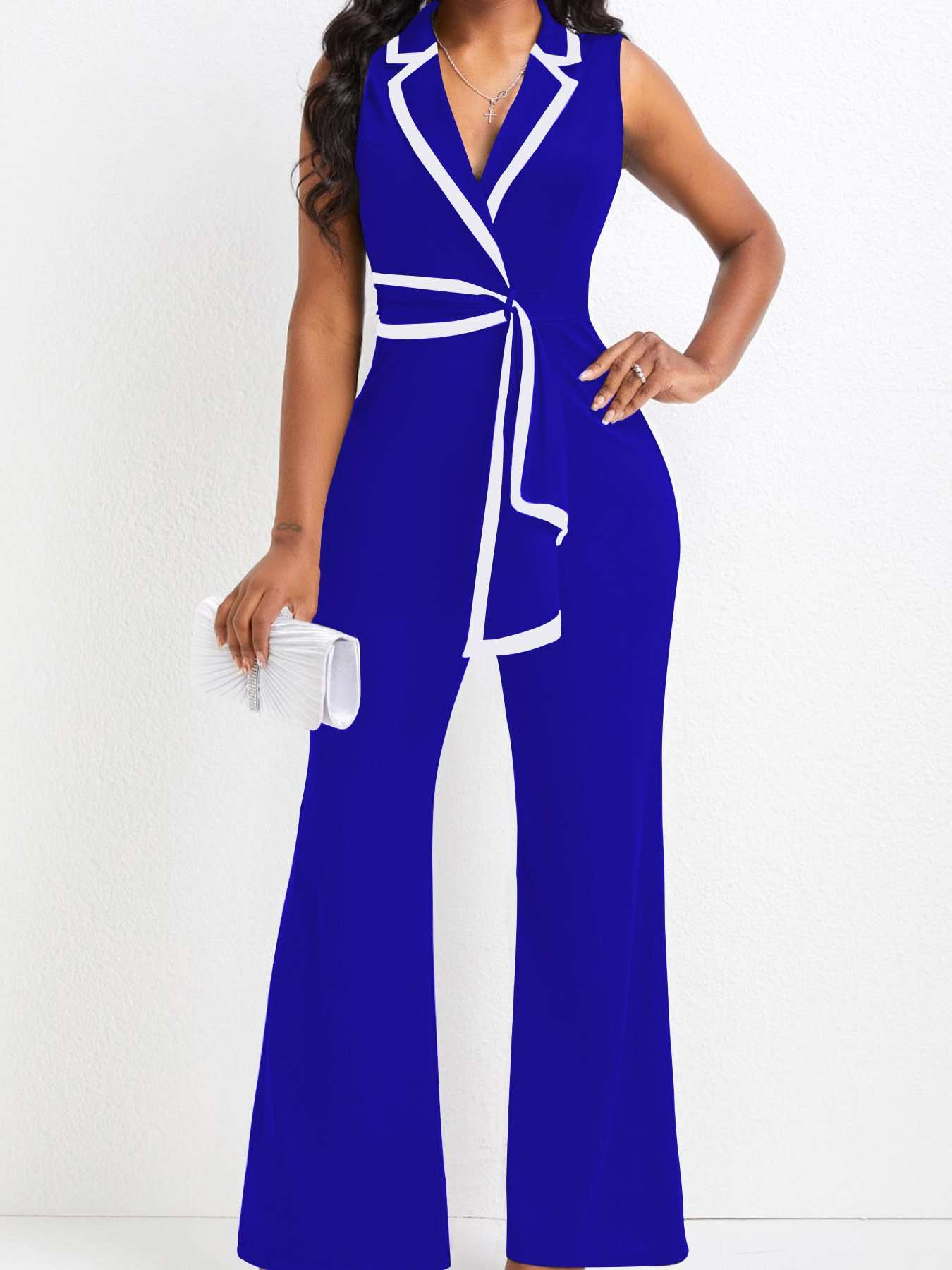 Sleeveless Wrap Jumpsuit with Trim - L, Blue image