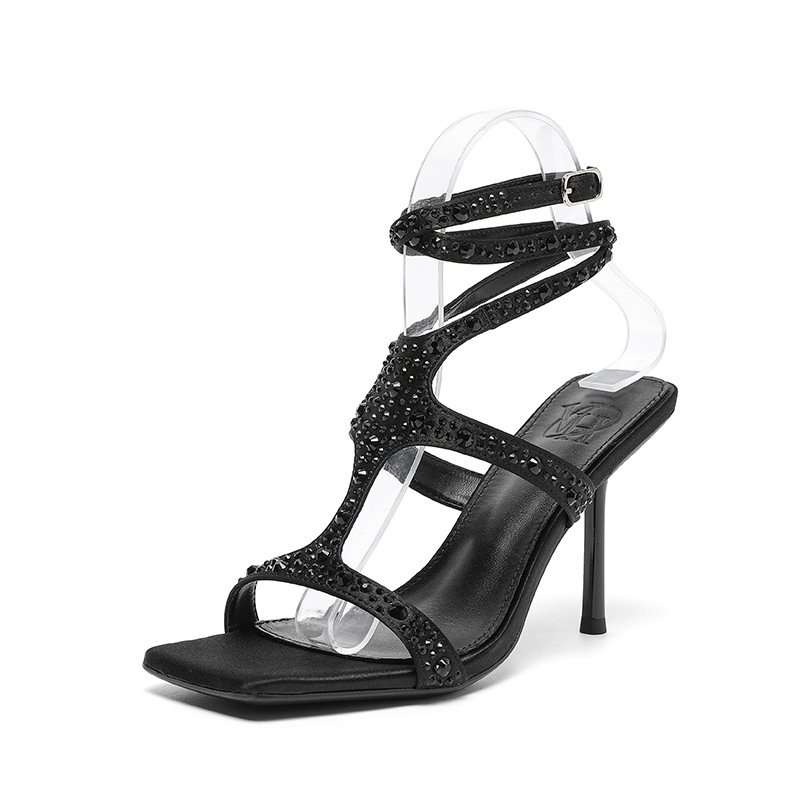Black Strappy Rhinestone Stiletto Heels