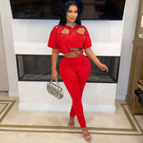 Distressed Studded Crop Top & Leggings Set - L, Red image
