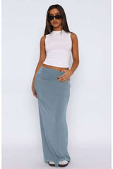 Low waist pleated straight long skirt - L, Blue image