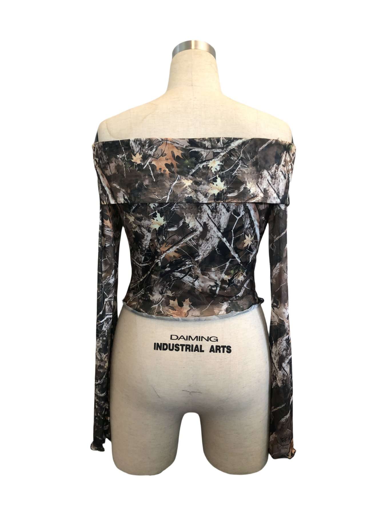 Off Shoulder Camo Long Bell Sleeve Crop Top image 4