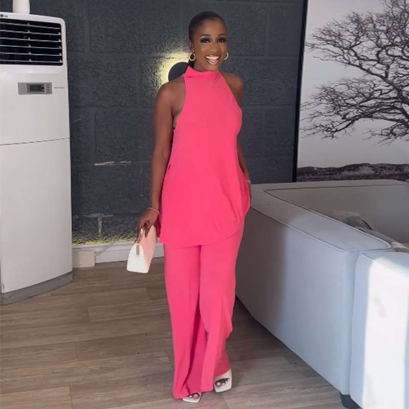 Chic Halter Neck Pants Set - S, Rose image