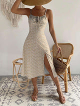 Floral Tie-Front Maxi Dress with Side Slit - M, Beige image