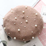 Embellishment Beaded Studs Crochet Cashmere Beret Cap - Free Size, Rugby Tan Beige image