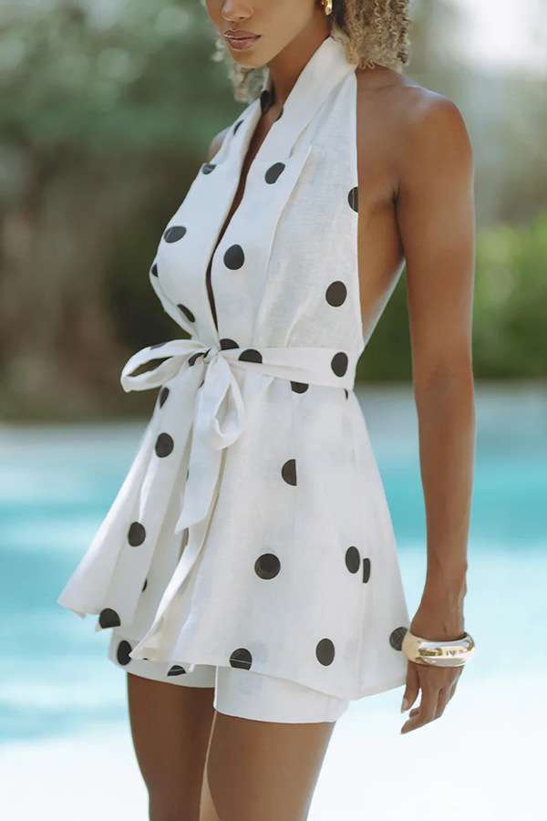 Chic Polka Dot Halter Top & Short Set - L, White image