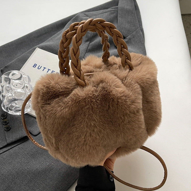 Faux Fur Handbag with Braided Handle