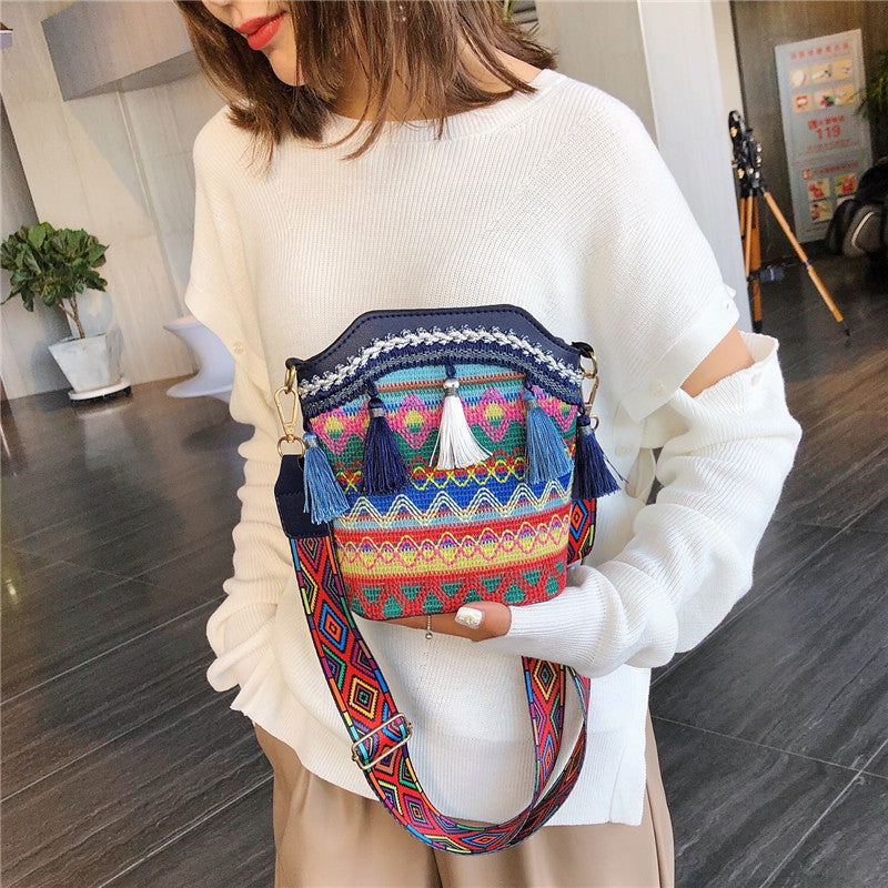 Ethnic Pattern Crossbody Bag with Tassels