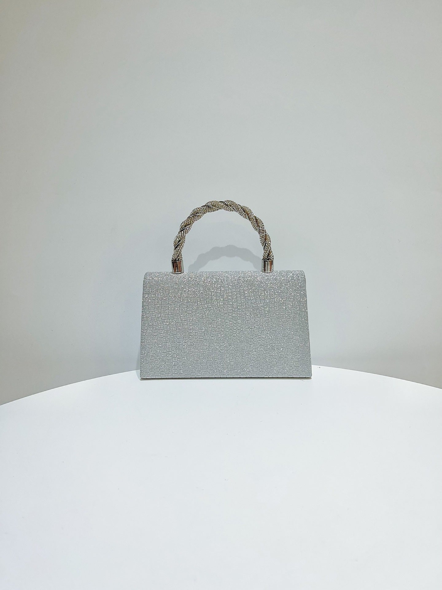 Silver Textured Handbag with Braided Handle