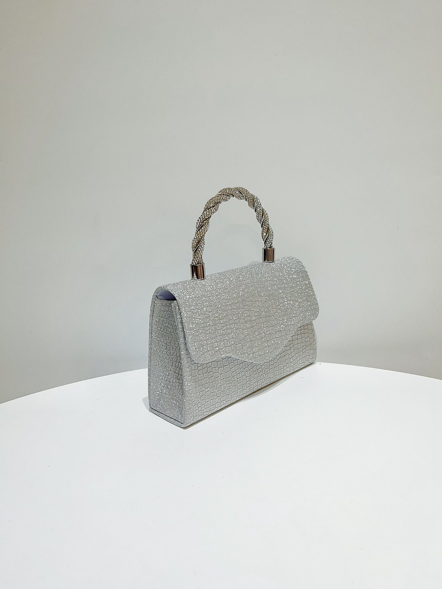 Silver Textured Handbag with Braided Handle