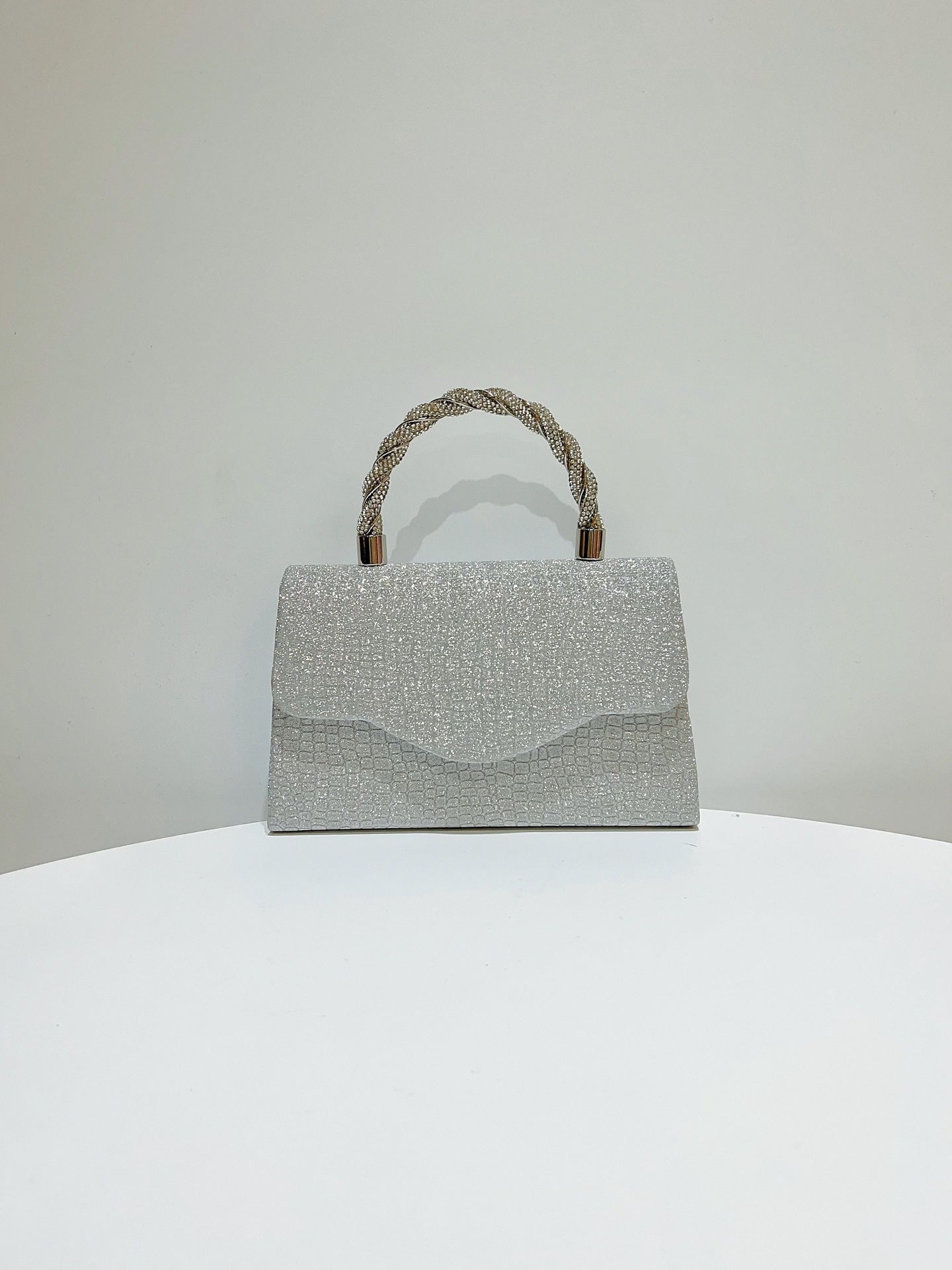 Silver Textured Handbag with Braided Handle