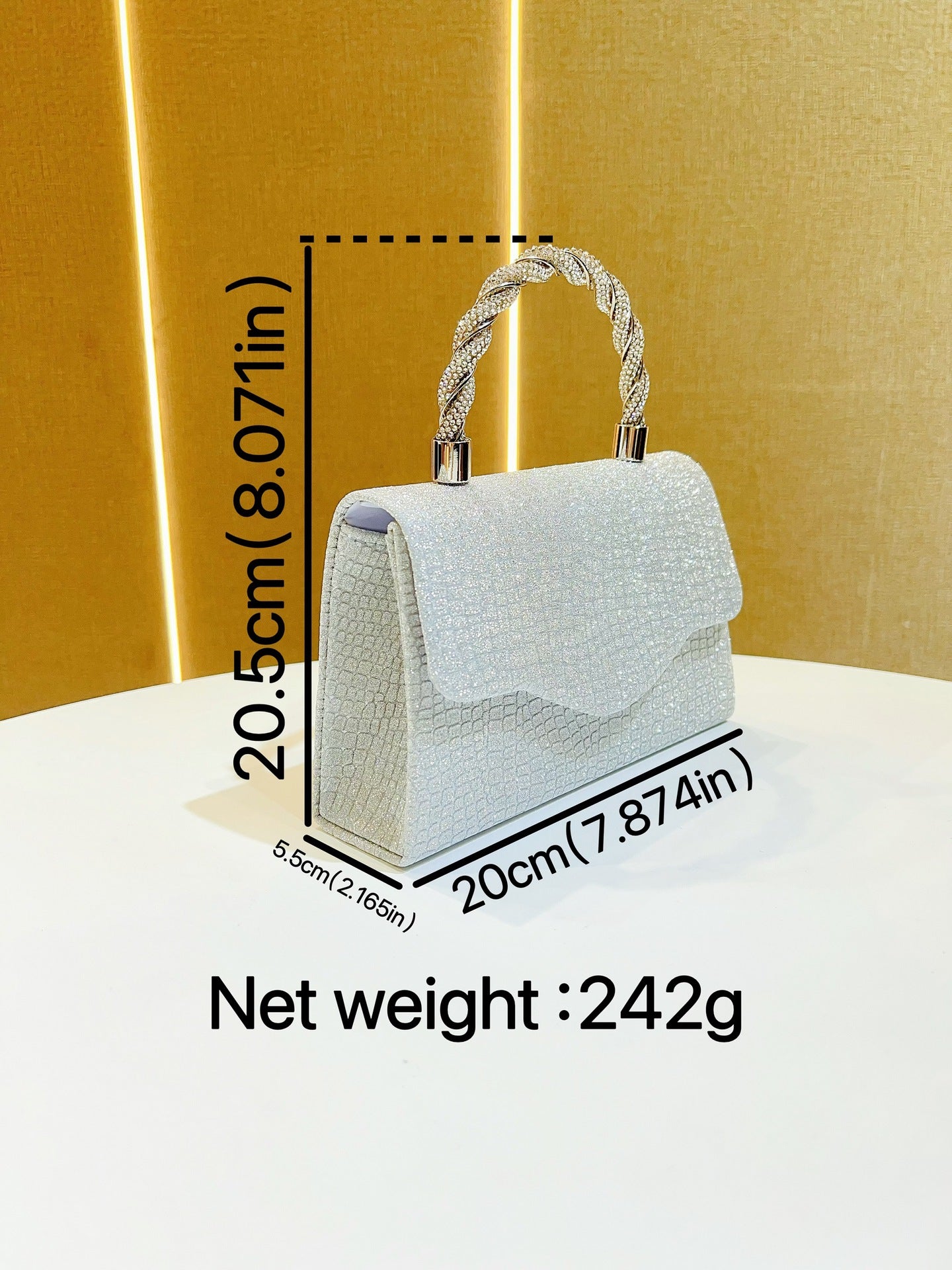 Silver Textured Handbag with Braided Handle