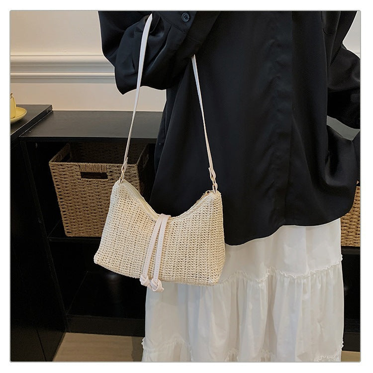 Beige Woven Straw Shoulder Bag with Strap